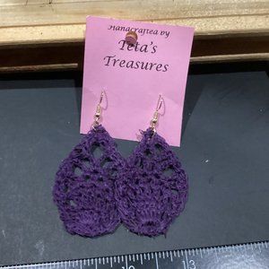 Earrings Grape Purple Leaf Crocheted Crochet Hand Crafted